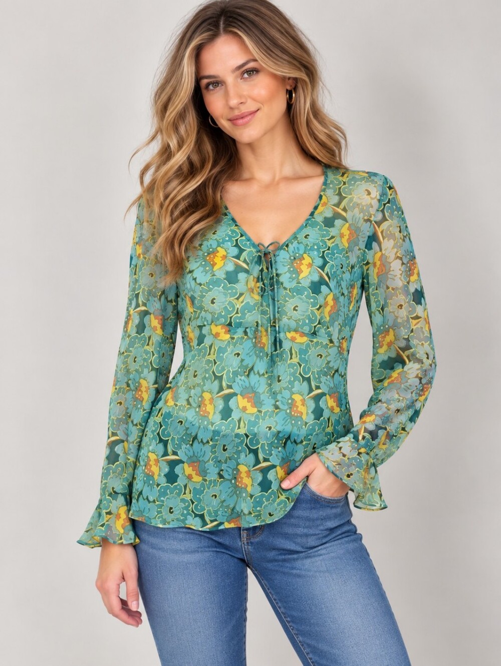 HAROLD'S Floral Silk Tie Neck Long Sleeve Fairycore Blouse FLAWED